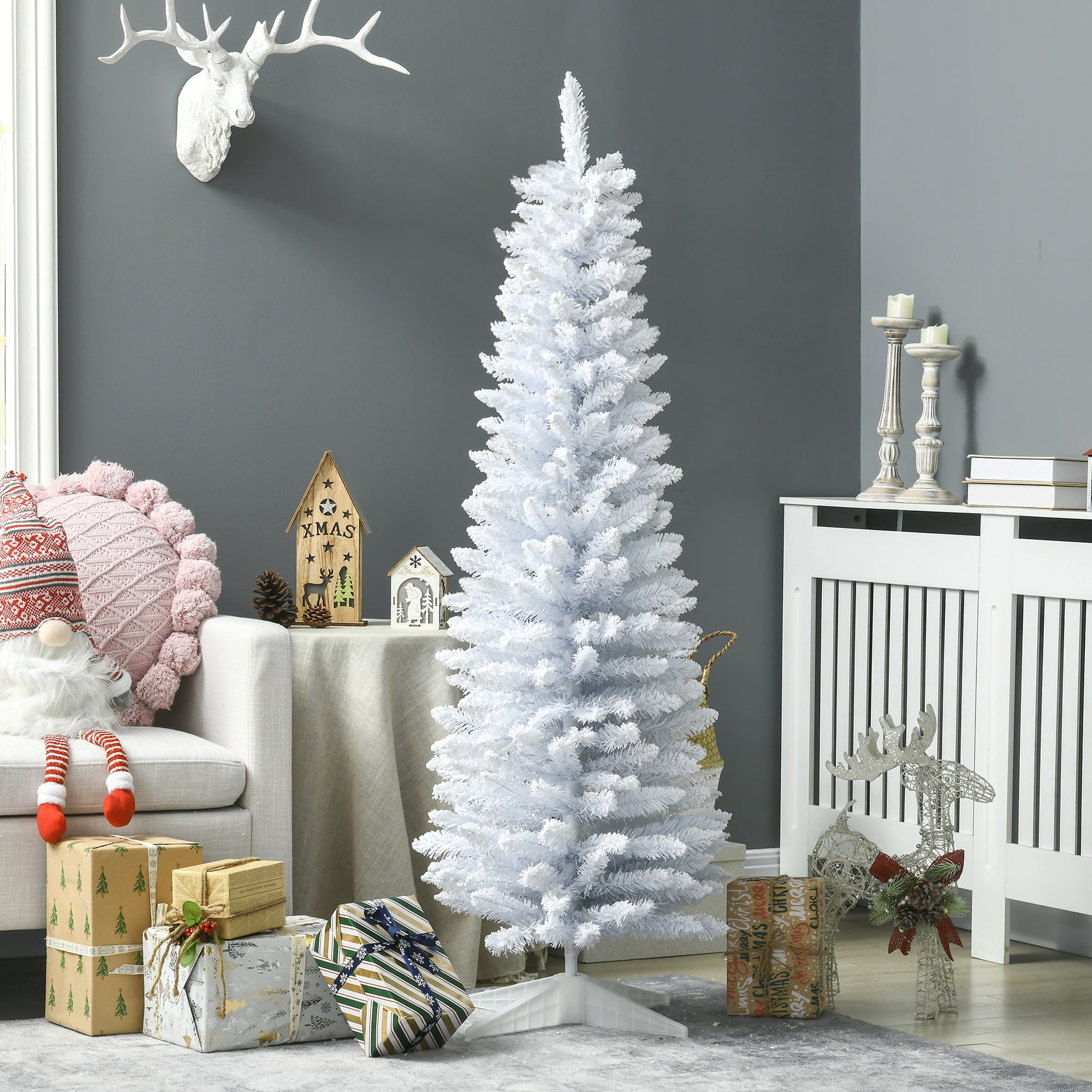 5ft Unlit Snow Flocked Pencil Christmas Tree 294 Tips Flame Retardant Small Space Holiday Decor