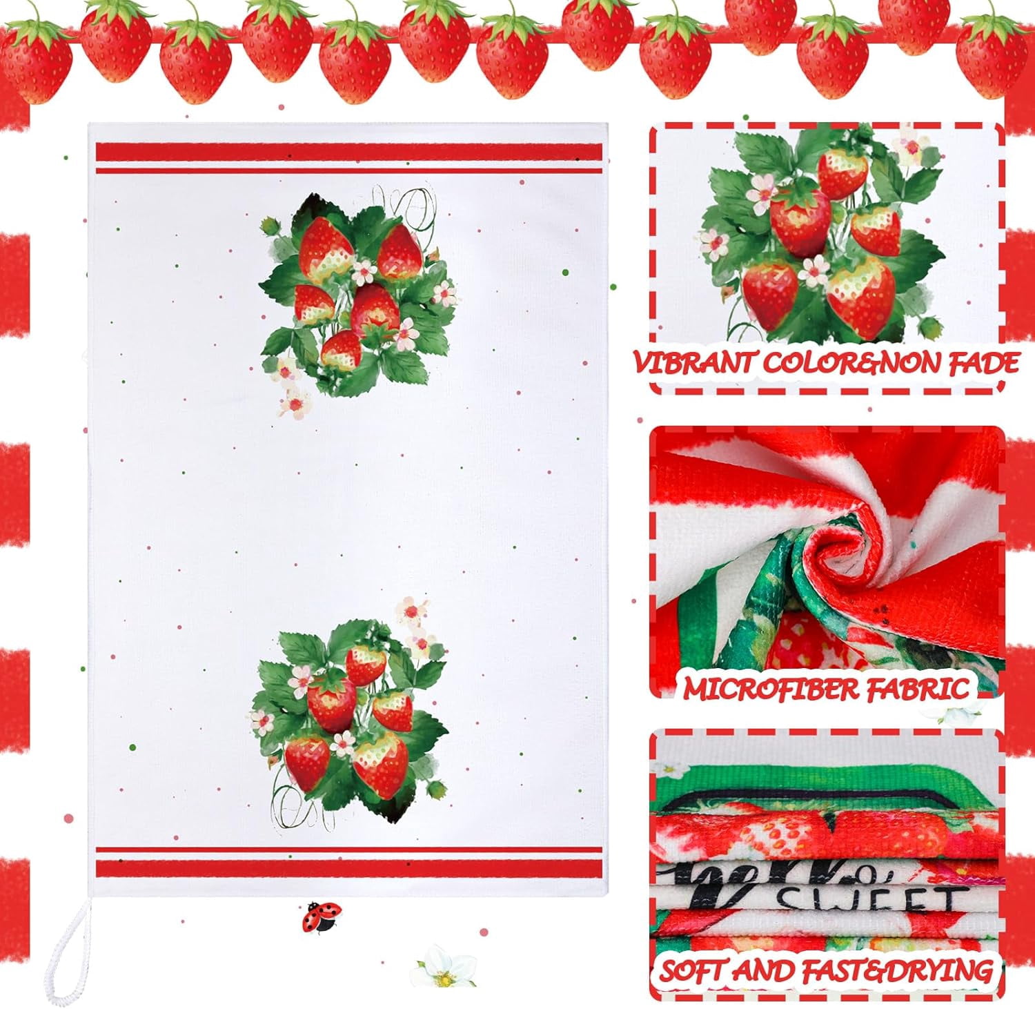 6 Pcs Summer Kitchen Towels 24 x 16 Inch Farmhouse Strawberry Hand Bath Dishtowels Absorbent Summer Tea Towel for Holiday Kitchen Bathroom Strawberry Party Decor Gifts