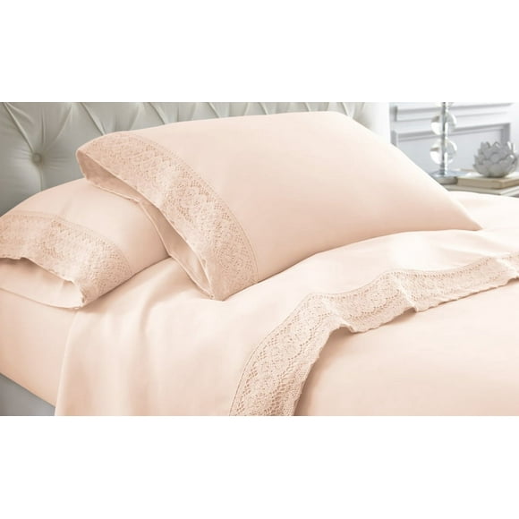 Amrapur Overseas 1MFLACEG-BLS-QN 4-Piece Crochet Lace Bed Sheet Set, Queen, Blush
