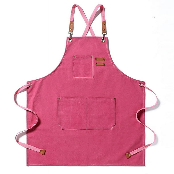 Zhuge Delantales de chef para hombres y mujeres con bolsillos grandes, delantal de trabajo resistente, ajustable, con espalda cruzada de lona de algodón, talla M a XXL (rosa)