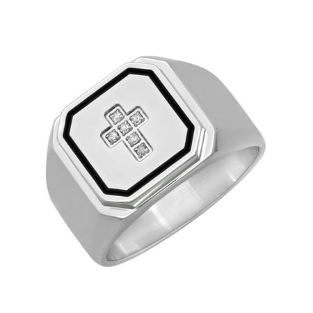 Men's Stainless Steel 8MM Diamond Accent Cross Wedding Band - Mens Ring