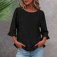 thumbnail image 3 of Fancifize Cotton Linen Shirts for Women Puff 3/4 Sleeve Shirt Beach Crew Neck Ruffle Hem Tops Vacation Fashion Summer Outfits, 3 of 5