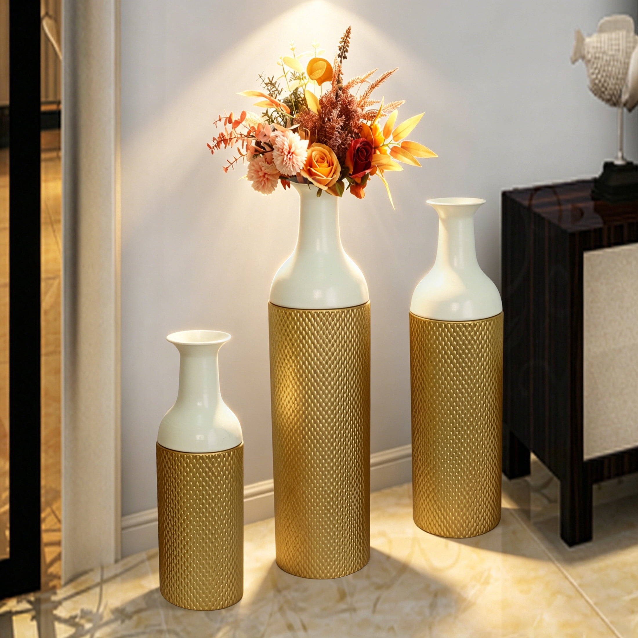 Noble House Set of 3 Decorative Metal Floor Vases, Tall Textured Vases for Home Decor, White+Gold