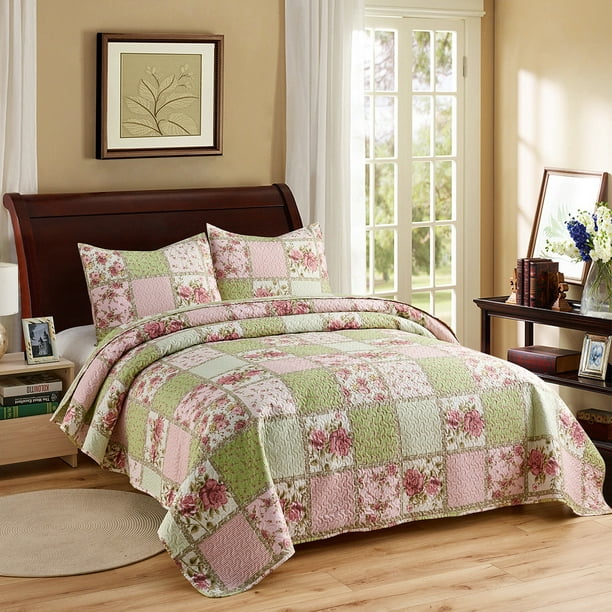 Pink Green Flowers Printed 3 Piece Quilt Bedding Set, King Size ...