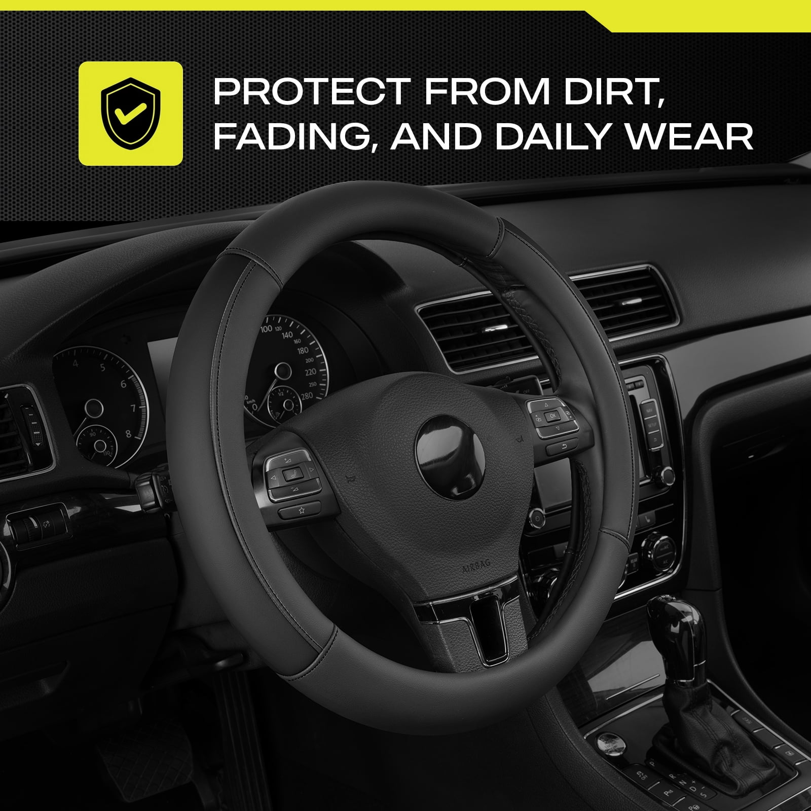 Auto Drive Steering Wheel Cover, Two-Tone Leather Steering Wheel Cover, Non-Slip Car Steering Wheel Cover Protector, Universal Fit for Cars SUV Truck, Fits 14.5"–15",Black