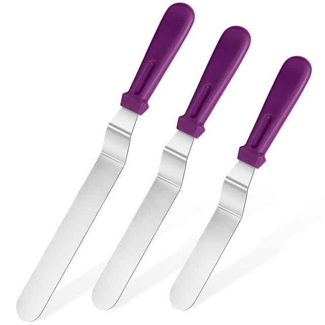U-Taste Offset Spatulas Set of 3, 420 Stainless Steel Metal Angled Icing Spatula Spreader Smoother with 6/8/10 inches Length Blade and PP Plastic Handle for Cake Decorating Frosting Baking (Purple)