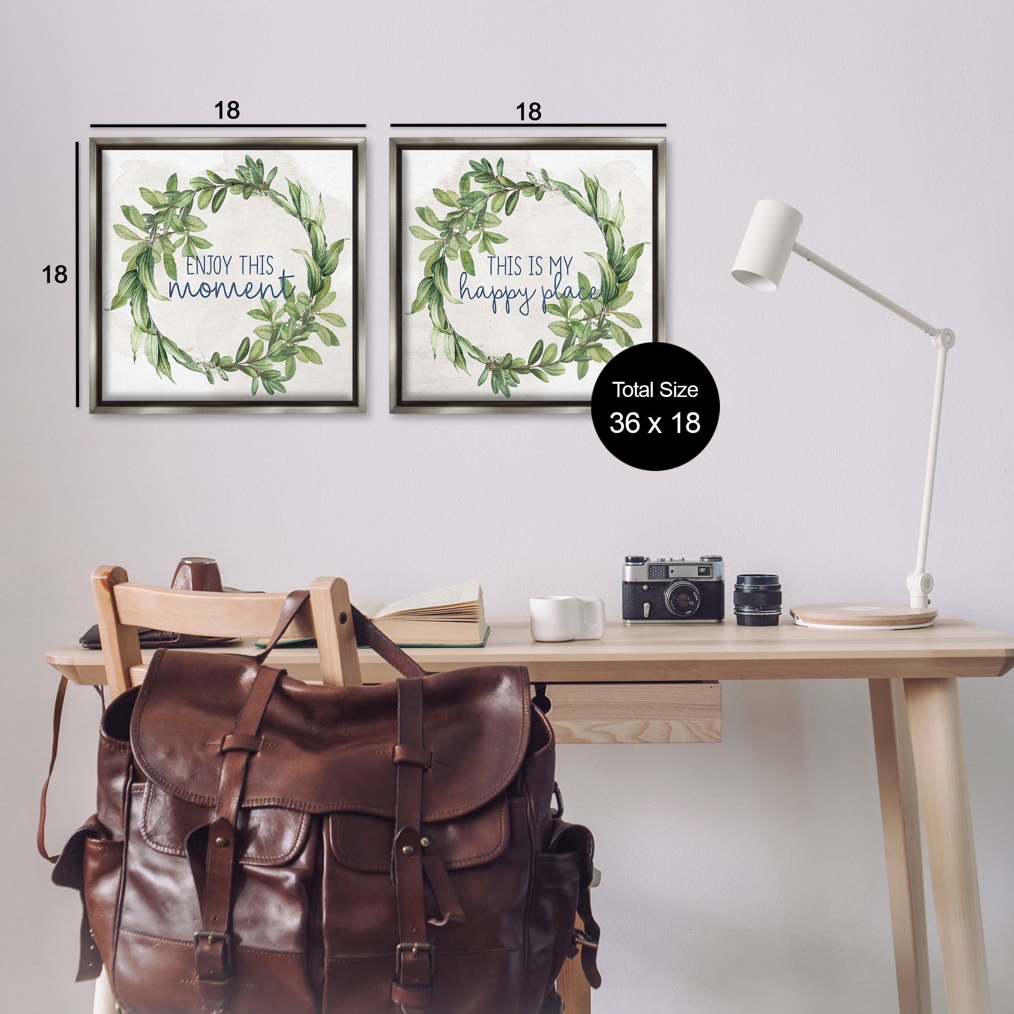 Stupell Industries Enjoy Happy Greenery Wreath Text & Numbers Painting Gray Floater Framed Canvas Art Print Wall Art, 18 x 18, Set of 2