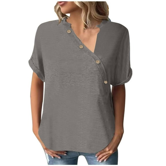 Sevevn Women's Summer Loose Casual Solid Button Short Sleeve V-Neck Top/Shirt Oversized T-Shirts For Women