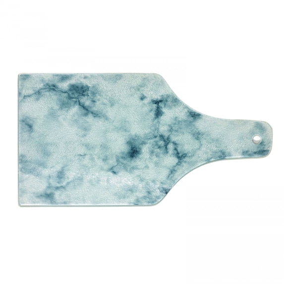 Nature Cutting Board, Fluffy Cloud Skyline Like Marble Motif Grunge and Retro Features Art Image Print, Decorative Tempered Glass Cutting and Serving Board, Wine Bottle Shape, Turquoise, by Ambesonne