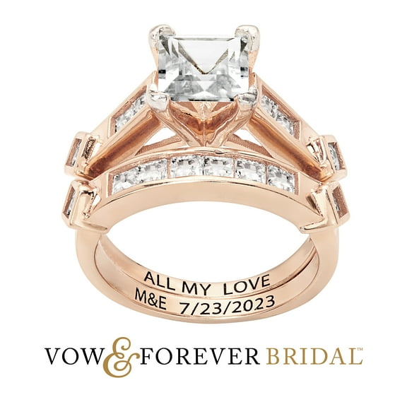 Vow & Forever Personalized Planet Bridal 14K Rose Gold over Sterling Silver Square White Topaz 2 Piece Engraved Wedding Set ,Women's