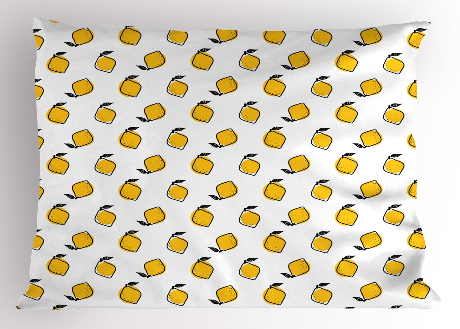 Yellow and White Pillow Sham Doodle Style Lemons with Leaves and Dots Fresh Juicy Fruit Pattern