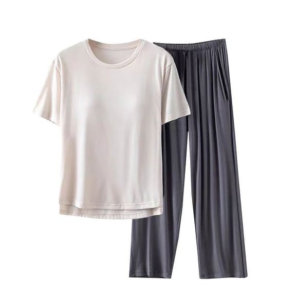 Jxximdong Pajamas for Women Set Round Neck Short Sleeve Pants Solid With Chest Mat Casual Sleepwear Set Beige Loungewear L