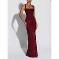 thumbnail image 2 of Dark Red (26003) Womens Slim-Fit Bodycon Evening Gown With Sequin Embellishment And Square Neck Spaghetti Straps, 2 of 5