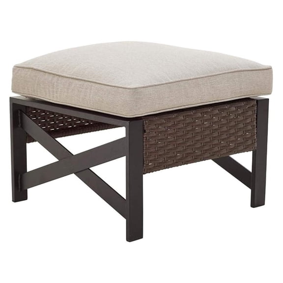 Outdoor Metal Ottoman Patio Rattan Furniture Wicker Footstool Seat with Cushion, Brown