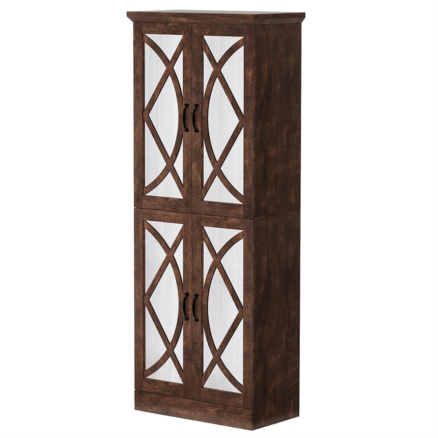 Demi Bonn 6 Tier Bookcase with 4 Mirrored Doors, 68" Tall Wood Bookshelf Storage Cabinet Pantry Organizer for Bedroom, Living Room, Brown