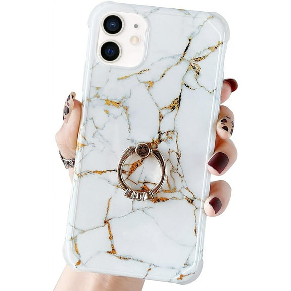 Ccompatible with iPhone 11 Case White Marble with Ring Holder Ultra Slim Shockproof Phone Case for iPhone 11 6.1 INCH (iPhone 11, White)