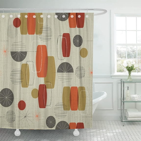 Shower Curtain Waterproof Polyester Fabric 72 x 72 inches Retro Linen Textured Weave with Vintage Shapes and Stars Inspired Set with Hooks Decorative Bathroom