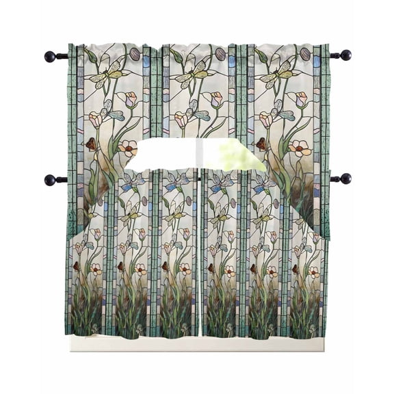 Vintage Floral Swag Kitchen Curtains Sets for Windows 24 Inch Length, Retro Abstract Art Summer Flowers Watercolor Short Window Curtain Swags Valances and Tiers 3 Piece Set for Cafe/Dining Room