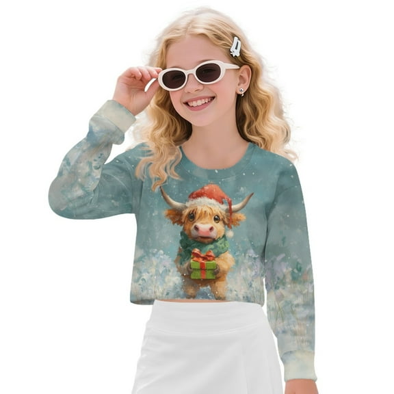 Xoenoiee Christmas Highland Cattle Gift Print Girls Sweatshirt Kids Long Sleeve Oversized Fashion Pullover Crop Tops Fall Clothes, 9-10 Years