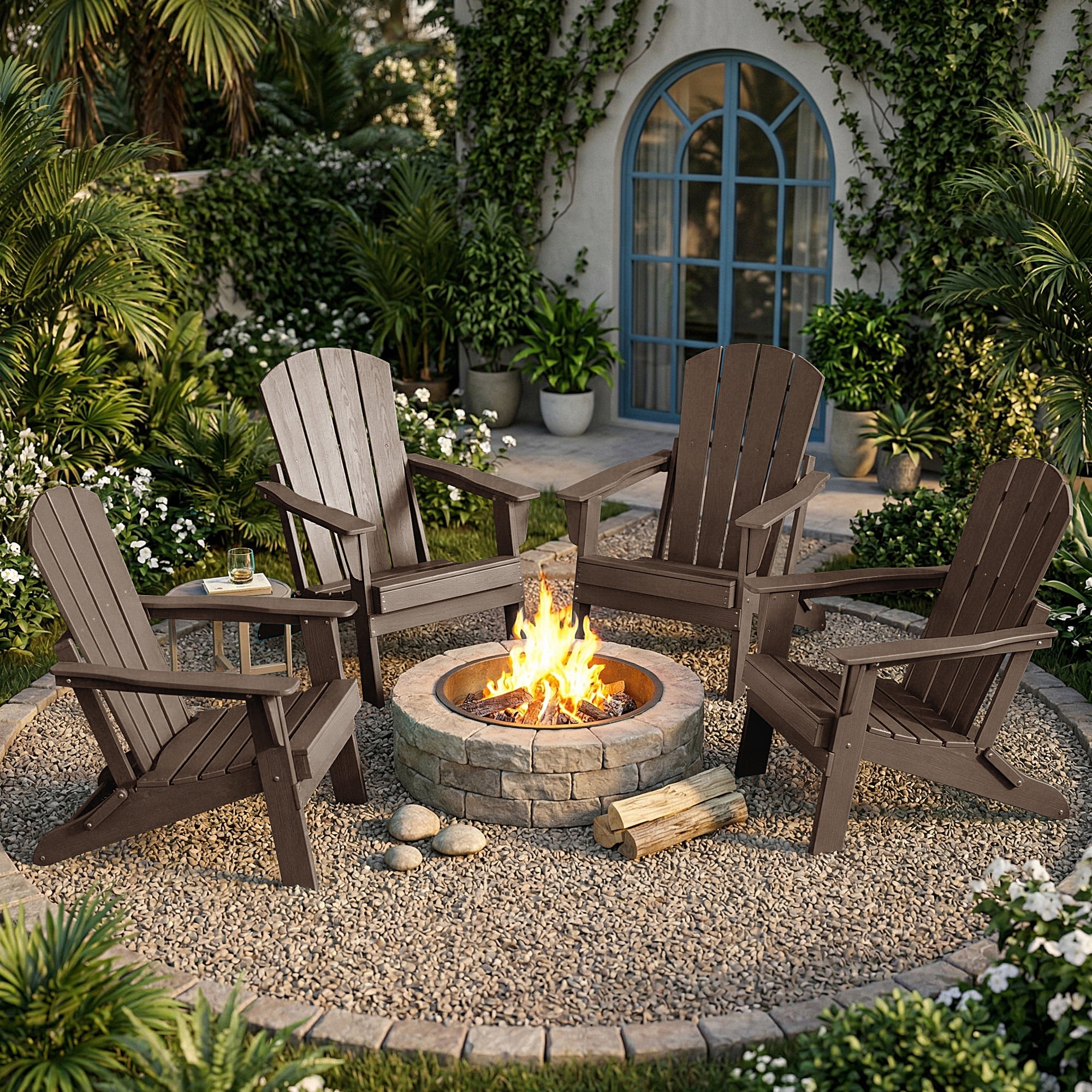 Cobiod Folding Adirondack Chair Set of 2, HDPE Patio Chair, All-Weather Space-Saving Foldable Fire Pit Seating for Camping, Backyard, Deck - Coffee