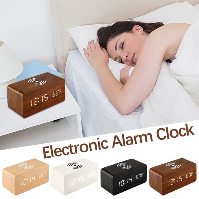 Wooden Digital Electronic Alarm Clock Wireless Charging Bedside Desk Clock LED Display Sound Control Temperature Display 1 Clock 160x70x70mm USB Powered