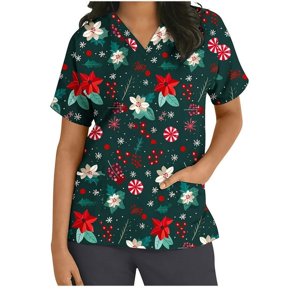 Xfvqtps Christmas Scrub Tops for Women Soft V-Neck Scrubs Comfortable Nursing Uniforms Christmas Printed Short Sleeve Top Protective Clothing Working Uniforms with Pockets Red