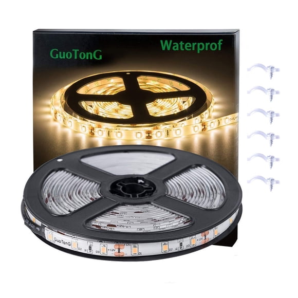 GUOTONG Tiras de Luces LED Blancas, Cinta LED 300 SMD 2835 cortable a Prueba de Agua, Cinta Flexible de 6000 K 12 V 16,4 pies/5 m, iluminación para gabinetes de Cocina, Exterior/Interior