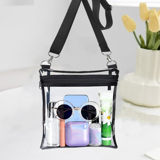 Bolsa Tranceta Transparente de Estadio - Bolso mensajero aprobado de PVC para conciertos y eventos deportivos, 10x9x7,5 pulgadas con correa ajustable, molduras negras