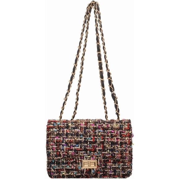Sac Carré en Tweed à Carreaux pour Femmes, Grande Capacité Sac à Bandoulière Matelassé Brodé, Sac à Main en Laine pour Dames