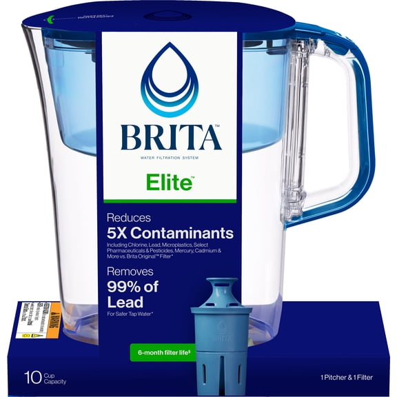 Brita 10 Cup Large Plastic Water Filter Pitcher, Blue, BPA Free with 1 Elite Brita Filter