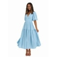 thumbnail image 2 of Women'S Deep V Neck Puff Short Sleeve Tiered Dress Elastic High Waist Flowy A Line Midi Dresses Sky Blue M, 2 of 9