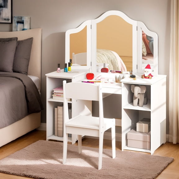 Resenkos Kids Vanity Table and Chair Set with Removable Tri-Folding Mirror-White, Kids Makeup Vanity for Girls Kids