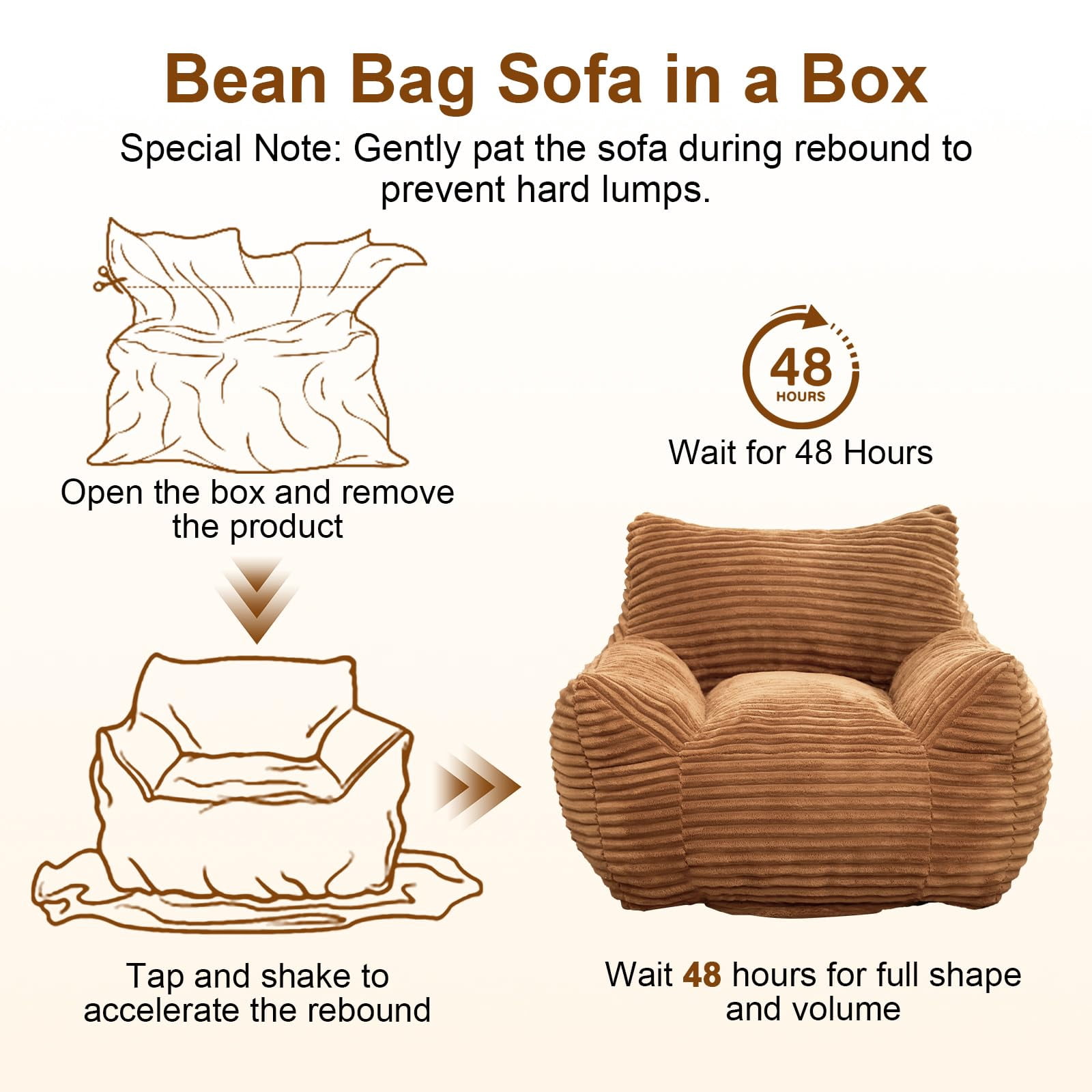 Peispie Giant Bean Bag Chair for Adults, Wide Seat Comfy Corduroy Floor Sofa with Armrests, Shredded Memory Foam Lazy Lounger, Oversized Gaming & Reading Chair for Bedroom 400LBS, Brown