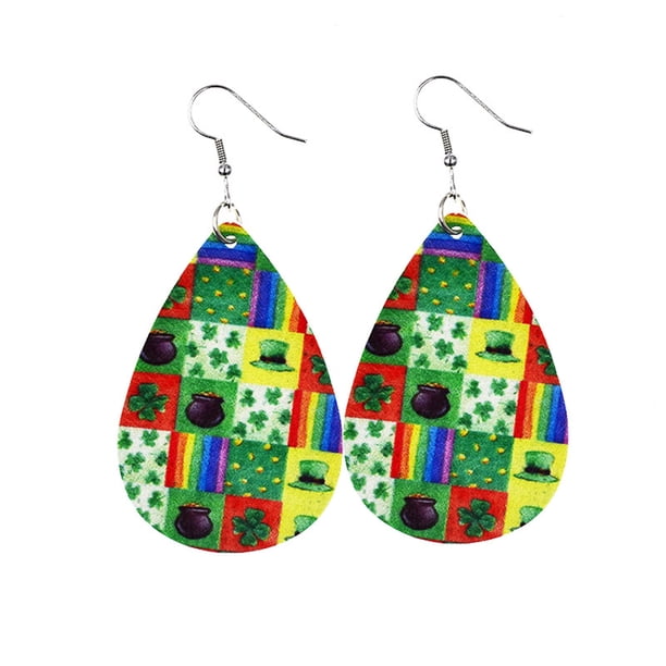 Teissuly Women Fashion ST. Patrick's Day Green Drop Shape Printing Earrings Ear Studs Teissuly WER202401222611