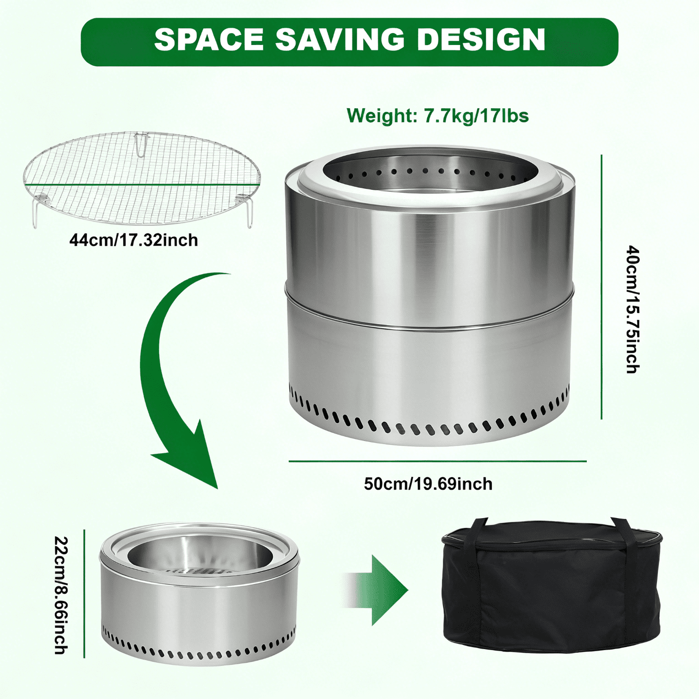 Portable Smokeless Fire Pit with Grill Grate, Removable Ash Tray, Carry Bag, Stainless Steel, for Outdoor Use (19.1 Inch)