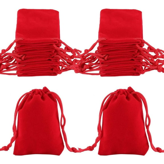 25Pcs Rectangle Jewellery Bags 2.8x2Inch Small Red Velvet Drawstring Pouches for Candy Gift Bags Christmas Party Wedding Favors Bags