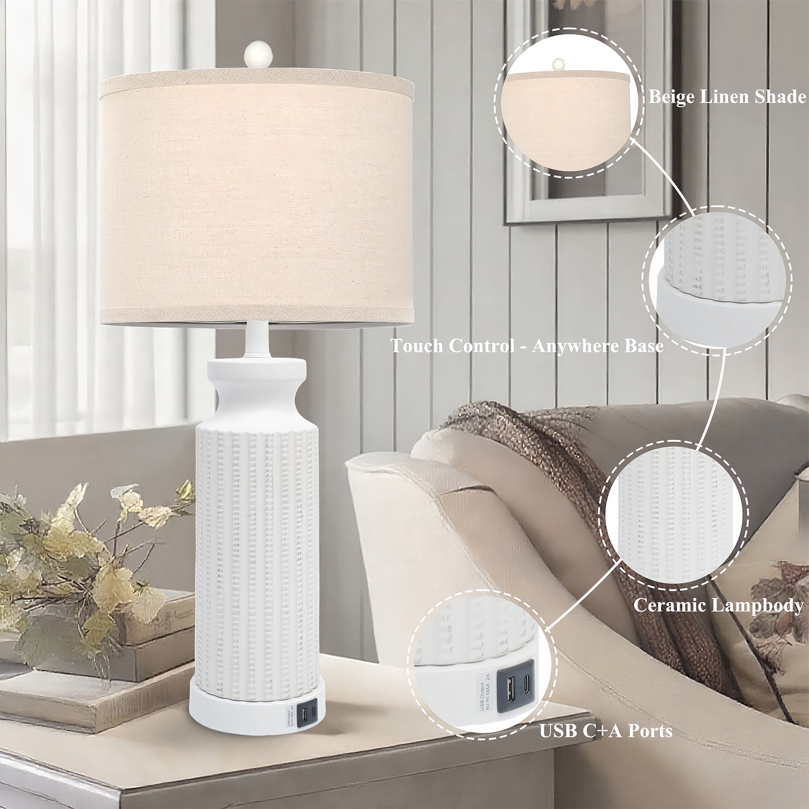Tnuyoah Modern 28" Table Lamps Set of 2 with USB C+A Ports - 3-Way Dimmable Bedside Touch Control Lamp, Farmhouse Lamp with Beige Linen Shade for Bedroom, Living Room & Home Office