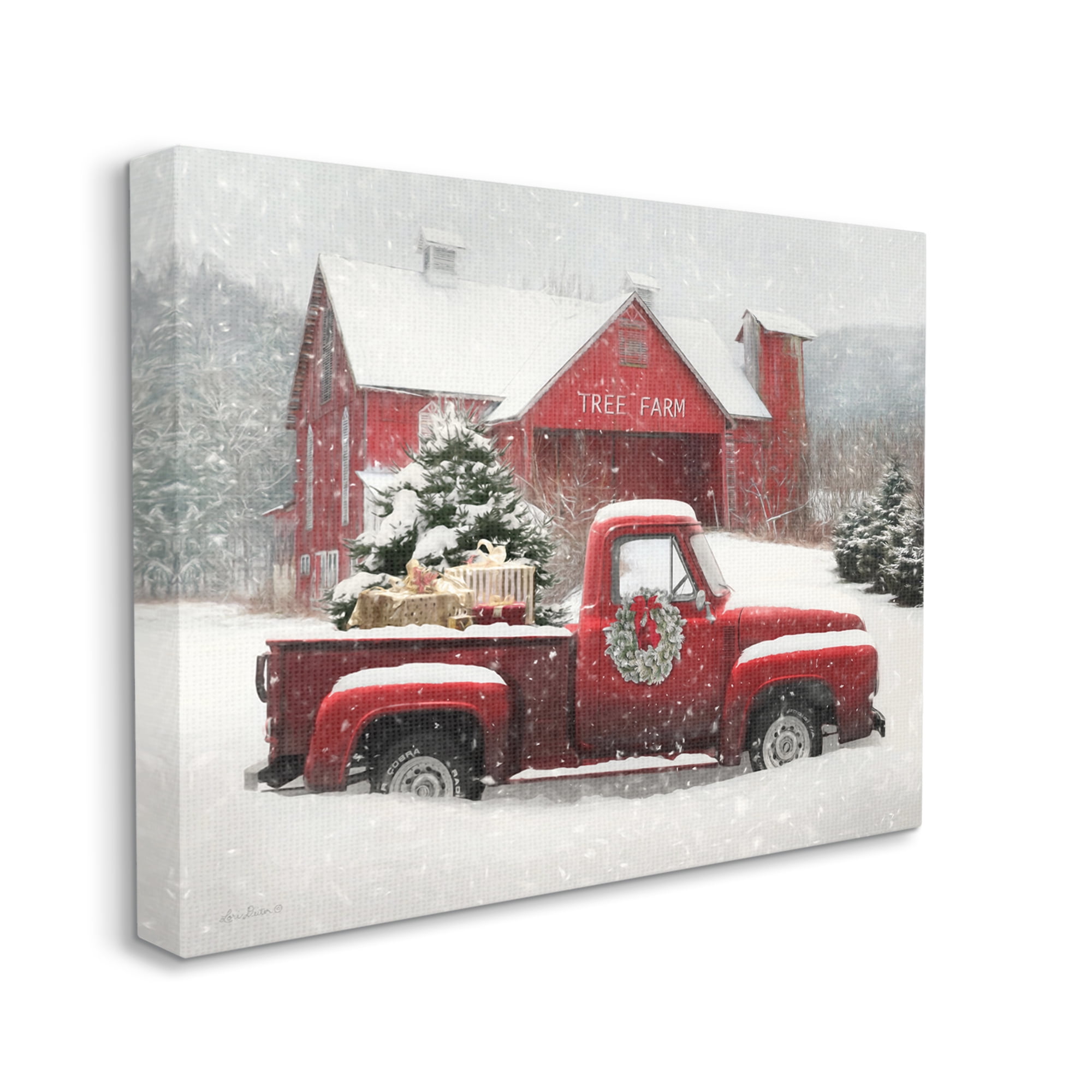 Tree Farm Red Truck Wintery Snow Flurries Transportation Painting Gallery-Wrapped Canvas Print Wall Art