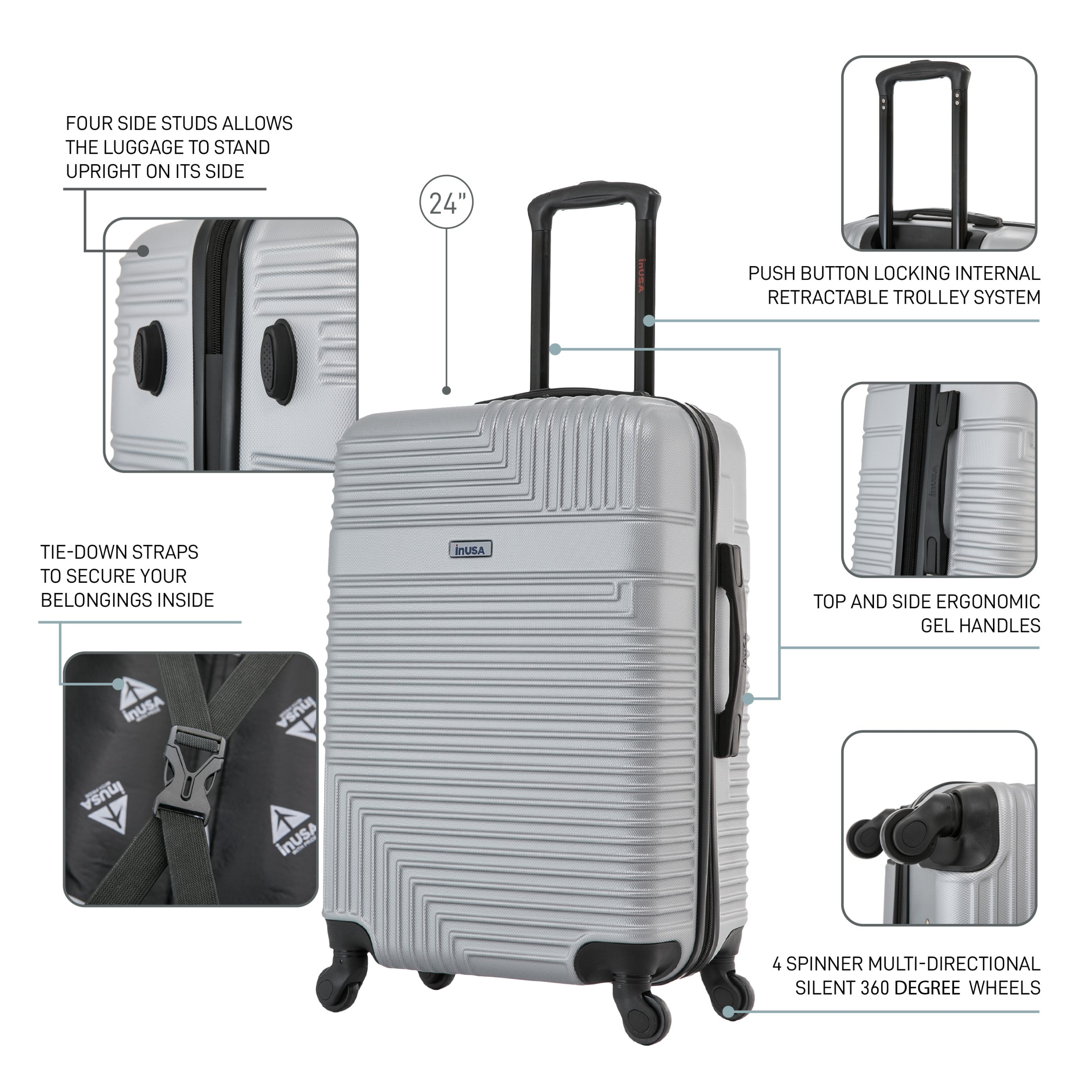 InUSA Resilience 24" Hardside Lightweight Luggage with Spinner Wheels, Handle, and Trolley, Silver