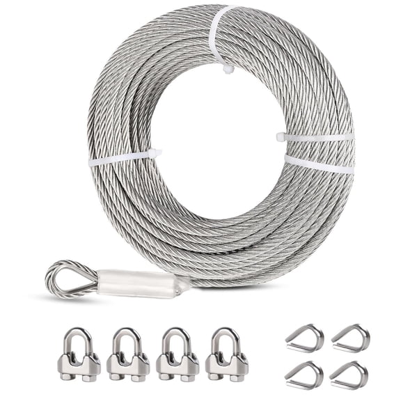 TooTaci 1/4" Stainless Steel Cable, 100ft Wire Rope with Clamps and Thimble,7x19 Strands 9000lbs Break Strength for Zip line, Boat Lifts, Deck Railing