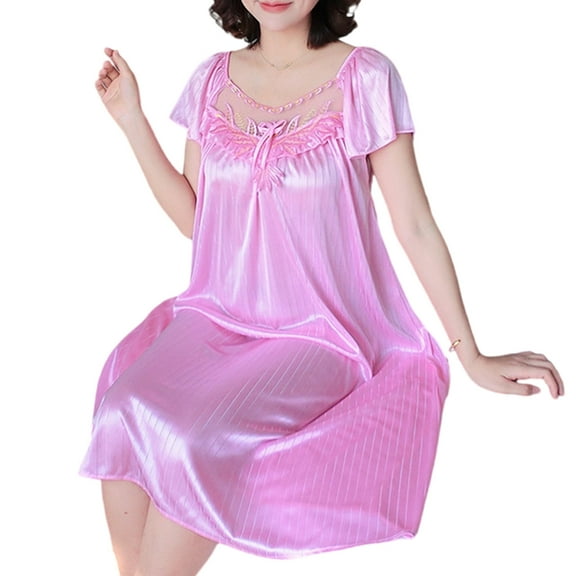 Huhudde Women Ice Silk Nightgown Dress Short Sleeve Sheer Lace Trimmed Loose Nightdress Sleepwear Home Wear Loungewear