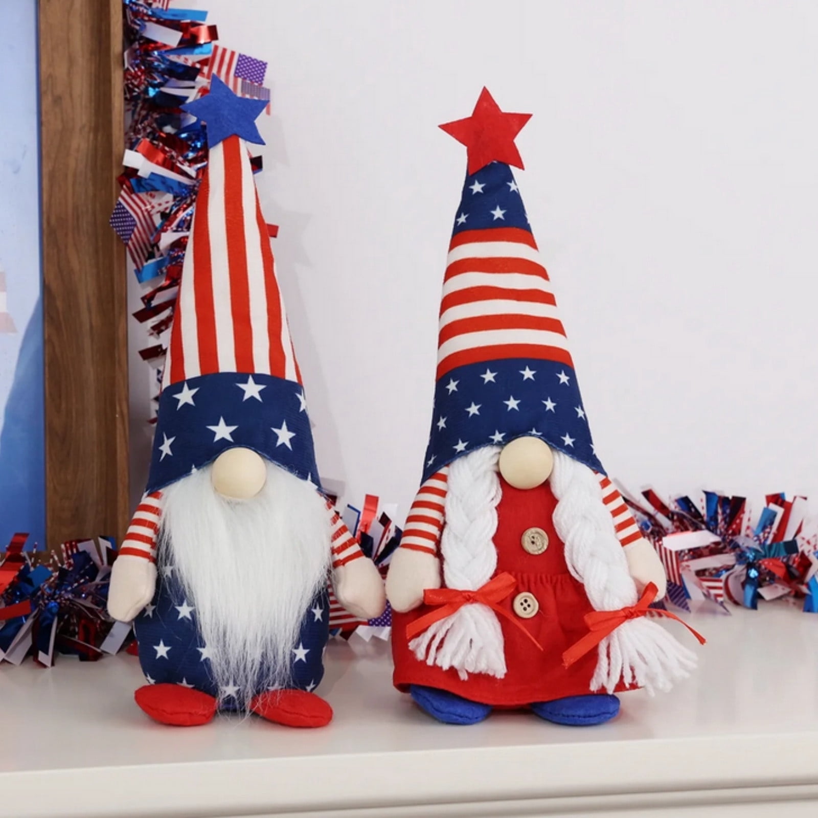 Patriotic Gnome Decorations 4th Of July Decor Set, Plush Independence Day Tabletop Gnome Couple Weighted Bottom Handmade Standing Accent, For Tiered Tray Desk Shelf Memorial Day Home Party