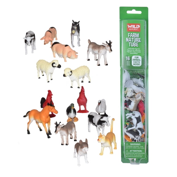 Wild Republic Farm Figurines Tube, Horse, Cow, Donkey, Duck, Sheep, Chicken, Rooster, Pig, Dog, Cat, Goat, 16 piece playset, 1.5 Inches to 3 Inches