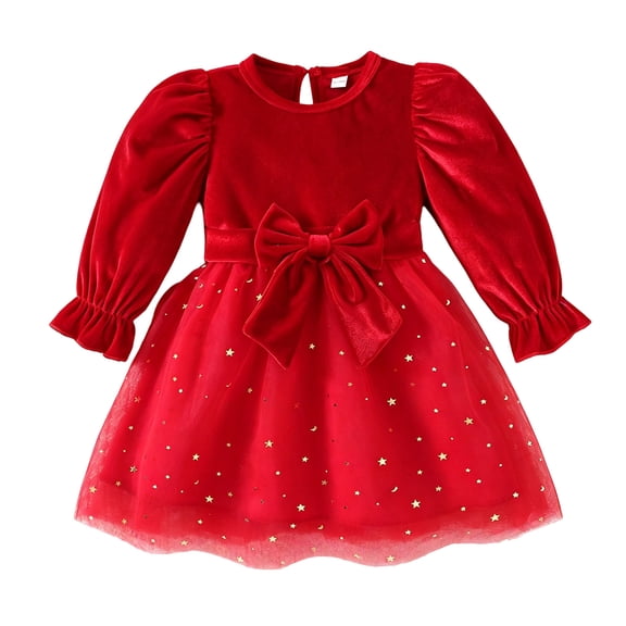 Wxirdrow Girl's Velvet Neck Long Sleeve Party Dress Toddler Girls' Long-Sleeve Dress Princess Tutu Tulle Dress Xmas Red,3-4 Years