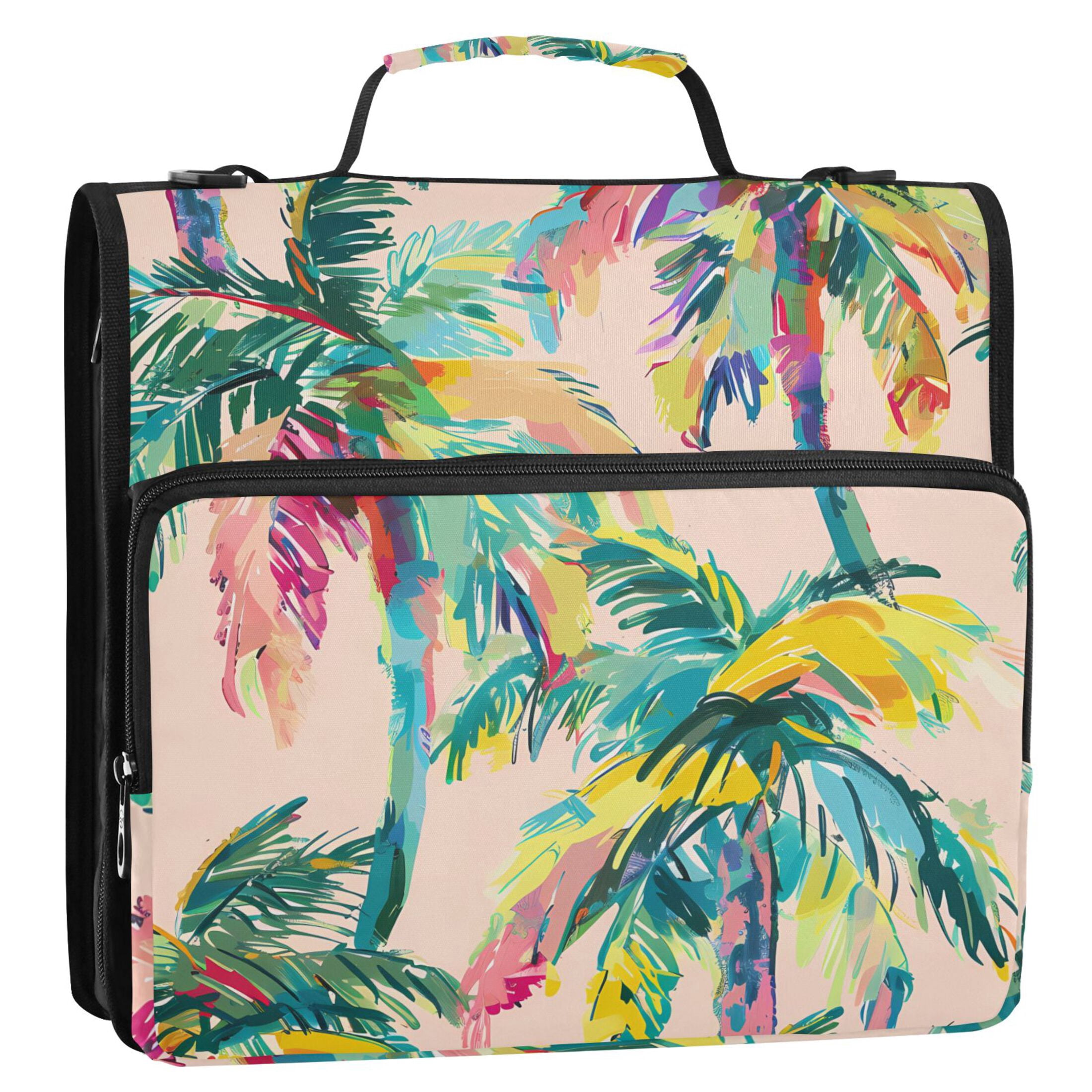 3 Ring Zipper Binder with Shoulder Strap Waterproof Trapper Keeper 2 Inch D-Ring 500 Sheets Capacity Hand Painted Palm Tree
