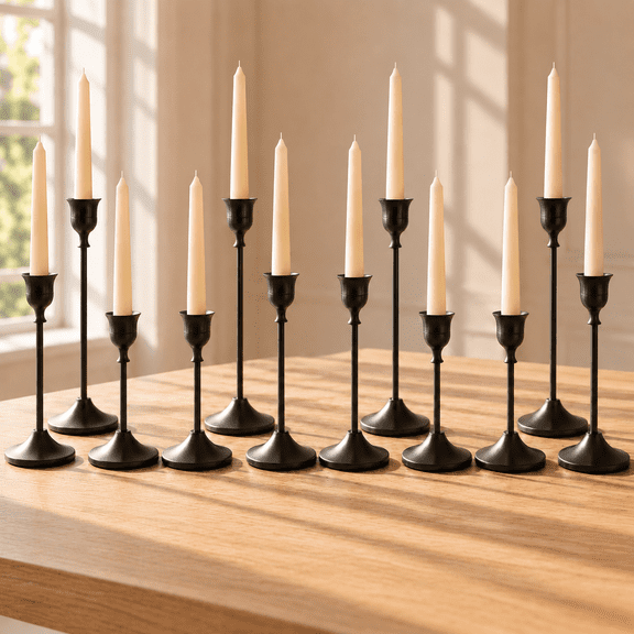 12 Pcs Black Candlestick Holders, Vintage Metal Taper Candle Stands for Fireplace, Wedding Table Decor & Housewarming Gift