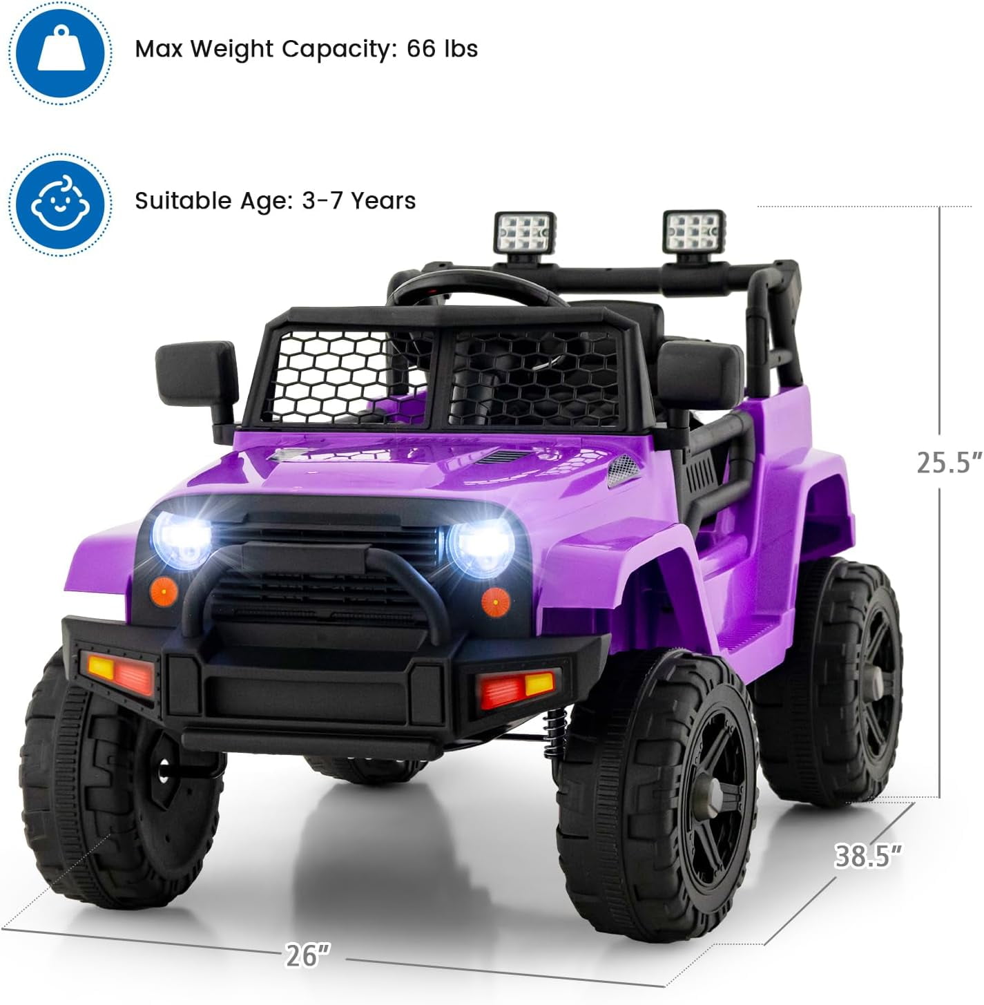 OLAKIDS Kids Ride On Truck, 12V Electric Vehicle Car with Remote Control, Toddlers Battery Powered Toy with 2 Speeds, Spring Suspension, Double Open Doors, LED Lights, Music, USB, Mp3 (Purple)