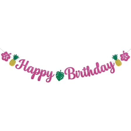 Tropical Happy Birthday Banner - Hawaii Luau Birthday Party Decorations Summer Baby Shower Pineapple Bday Party Decorations Hot Pink Glitter