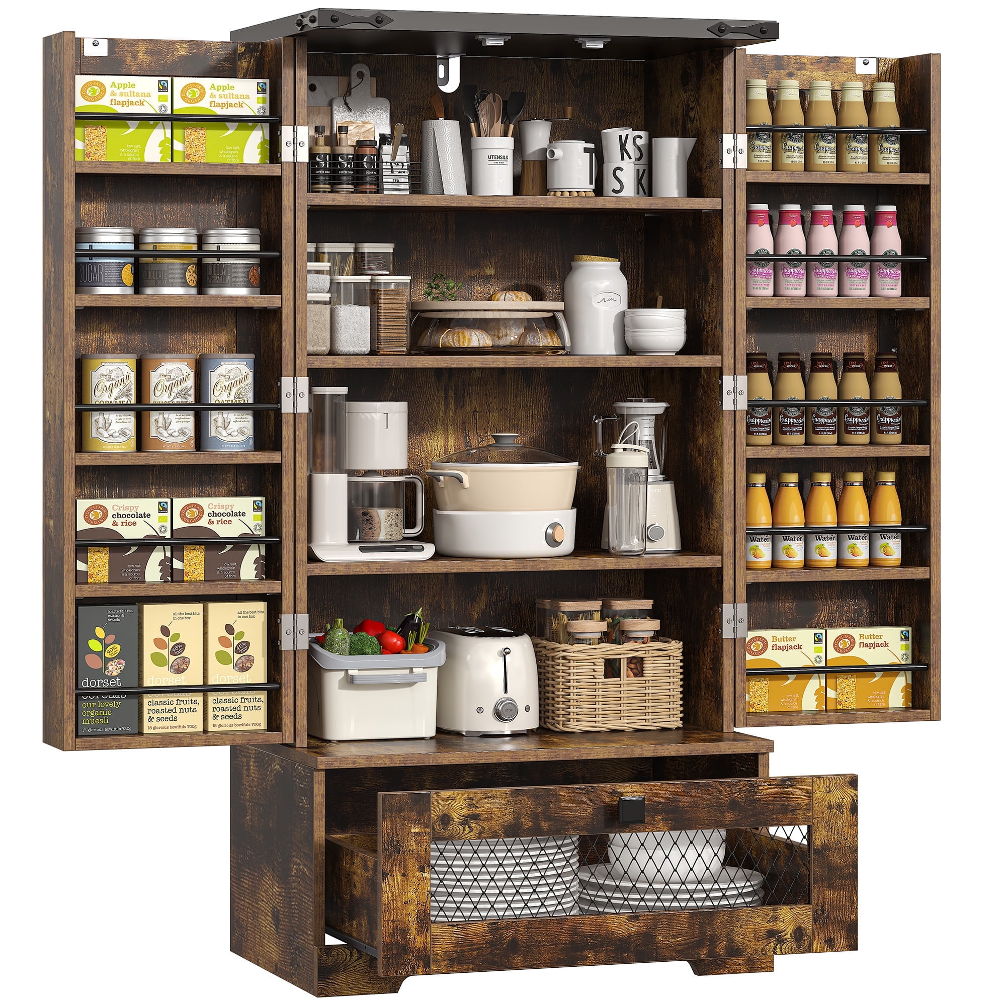 Casendy Kitchen Pantry Cabinets with Adjustable Shelves and Drawer, Farmhouse Kitchen Pantry Storage Cabinet with Doors, Buffet Cupboards Sideboard for Dining Room, Bathroom, Brown