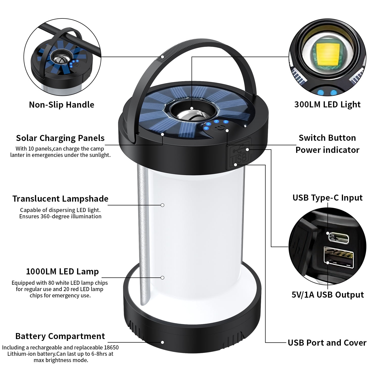 Ikristin Solar Camping Lantern, IPX5 Waterproof, Rechargeable Camping Lantern with Hand-Cranked, Camping Essentials for/Tent/Hiking 1PC